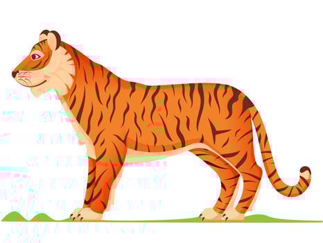 Side View Cartoon Tiger In Orange And Brown Color. vector
