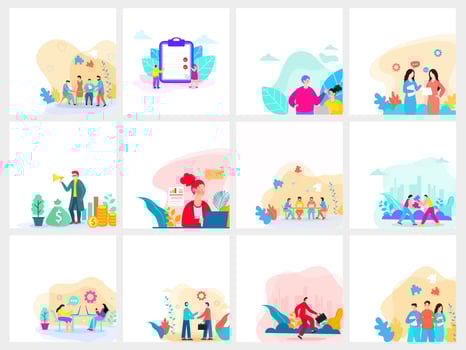 Set of Business Workspace with People Working in Different Level. vector