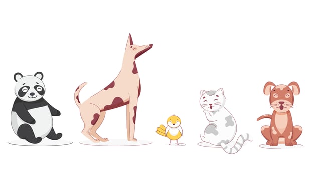 Pet Animals like as Cartoon Panda, Dog, Chick, Cat on White Background. vector