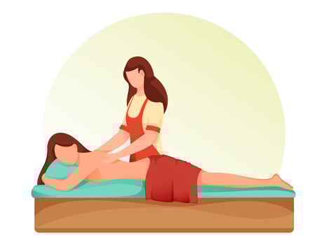 Cartoon Woman Character Lying on Bed Receiving Relaxation Back Massage in Spa. vector
