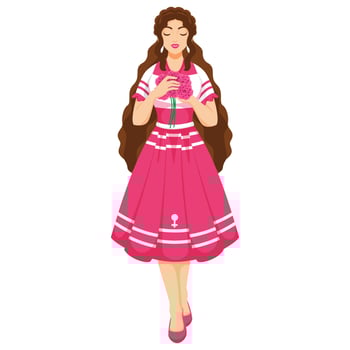 Beautiful Young Girl holding Flower Bunch in Walking Pose. vector