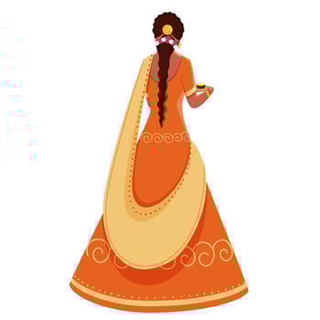 Back View of Young Woman Holding Plate of Oil Lamps in Standing Pose. vector