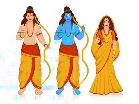 Hindu Mythology Lord Rama with His Wife Sita and Brother Laxman Giving Blessings Together in Standing Pose on White Background. vector