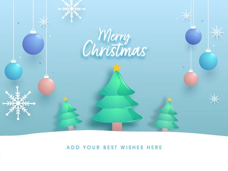 Merry Christmas Font With Glossy Xmas Trees, Hanging Baubles, Snowflakes Decorated On Blue And White Background. vector