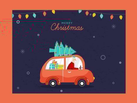 Illustration Of Santa Claus Driving Car With Gift Boxes And Xmas Tree On The Occasion Of Merry Christmas. vector