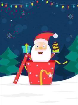 Cute Santa Claus Holding Cake with Gifts Inside Box and Xmas Trees on Blue Snowy Background. vector