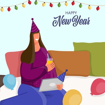 Happy New Year Vector Illustration With Girl partying online