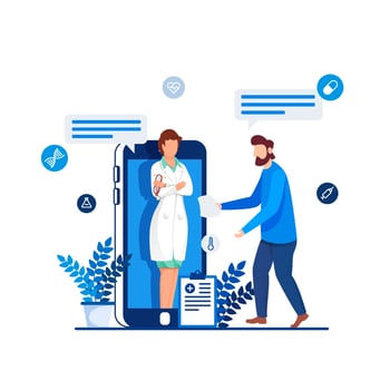 Cartoon Man Talking To Doctor Woman In Smartphone With Medical Clipboard And Leaves Pot On White Background. vector