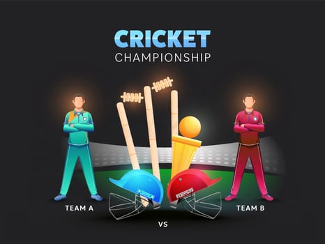 Two Cricket Players Of Participate Team A VS B With Helmets, Wicket Stump And Golden Trophy Cup On Black Background For Championship Concept. vector