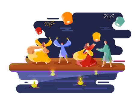Illustration of Young Couples Enjoying Or Celebrating With Sparkle Sticks And Sky Lanterns On Abstract Background For Happy Diwali. vector