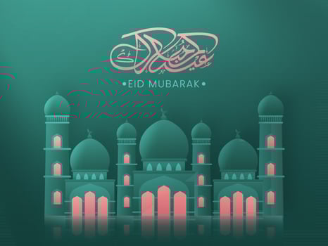 Arabic calligraphic text Eid Mubarak, with exquisite mosque on green background for Islamic festival concept. vector
