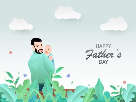 Happiness Man Holding Child in His Arms with Green Leaves, Flowers and Paper Clouds Decorated Background. vector