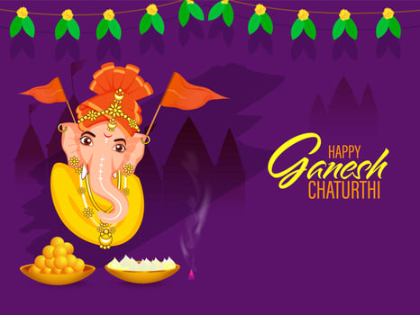 Happy Ganesh Chaturthi Poster Design With Lord Ganesha Face, Flags, Laddu And Modak In Bowls On Purple Silhouette Temple Background. vector