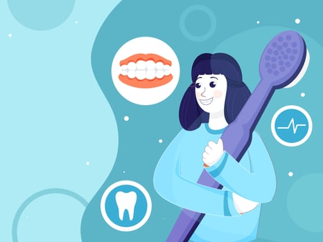 Cheerful Young Girl Holding Toothbrush with Teeth Dentures on Blue Background. vector