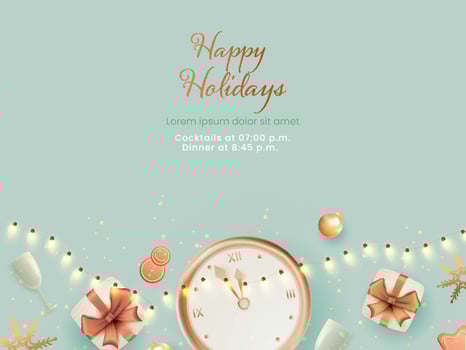 Happy Holidays Concept With Top View Of Realistic Clock, Gift Boxes, Gingerbread, Wine Glasses And Lighting Garland Decorated Background. vector