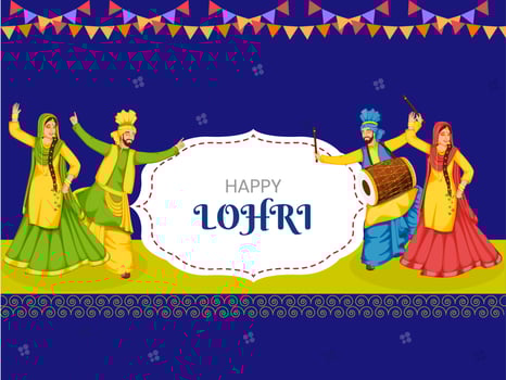 Illustration Of Punjabi Couples Performing Bhangra Dance With Dhol Instrument On Blue Background For Happy Lohri Celebration. vector
