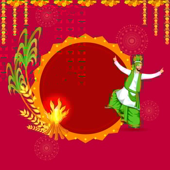 Illustration Of Punjabi Man Doing Bhangra Dance With Bonfire, Wheat Ears, Sugarcane, Floral Garland And Space For Text On Pink Background. vector