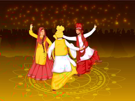 Illustration Of Punjabi People Doing Bhangra Dance With Dhol Instrument On Brown Lights Effect Background. vector