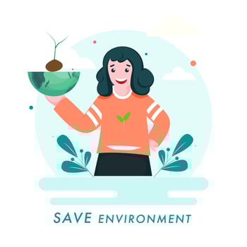 Illustration of Happiness Girl Holding Half Globe with Plant for Save Environment Concept. vector