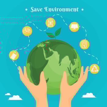 Save Environment Poster Design with Human Hand Holding Earth Globe on Sky Blue Background. vector