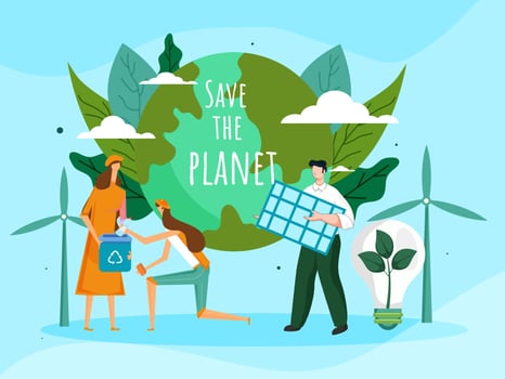 Cartoon Man and Women Working Together with Solar Panel, Recycling Bin, Eco Bulb, Windmills and Earth Globe for Save The Planet Concept. vector