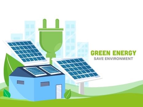 Green Energy Save Environment Concept with Illustration of House, Solar Panels and Electric Plug on White Background. vector