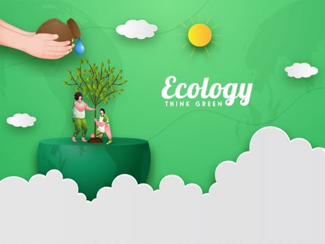 Cartoon Man and Woman Gardening on 3d Half Earth Globe with Sunshine, Paper Cut Clouds for Ecology Think Green Concept. vector