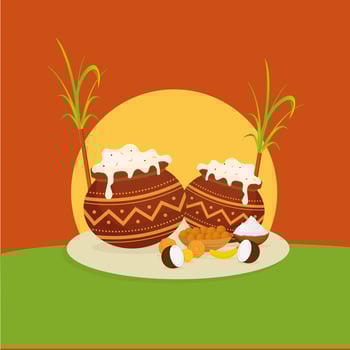 Pongali Rice In Mud Pots With Indian Sweet Bowl, Fruits, Sugarcane, Rice Bowl, Sun On Orange And Green Background. vector