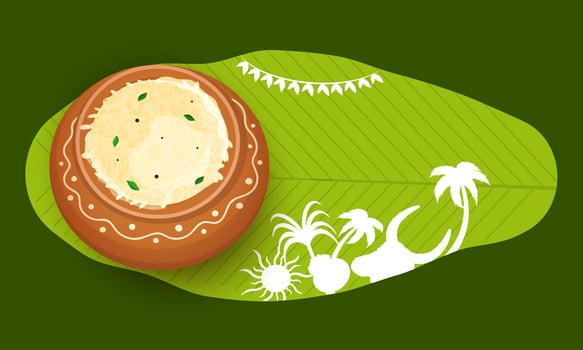 Top View Of Pongali Rice In Mud Pot With Silhouette Ox Face, Sugarcane, Coconut Tree, Surya God On Green Banana Leaf Background. vector