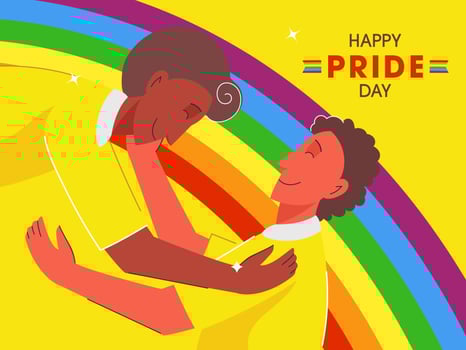 Happy Pride Day vector illustration with young gay couple embrace to each other on rainbow color background.