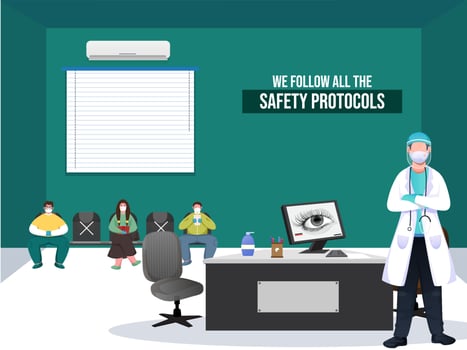 Illustration of Doctor Man Wear Medical Mask, Face Shield and Patient Sitting on Seat in Hospital or Clinic. We Follow All The Safety Protocols To Prevent From Coronavirus. vector