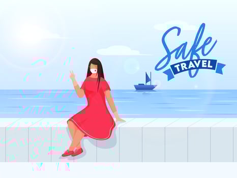 Modern Young Girl Wearing Protective Mask Sits on the Beach or Ocean with Sunshine View for Safe Travel. vector