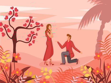 Young Boy Proposing To His Girlfriend with Love Tree on Beautiful Nature View Background. vector