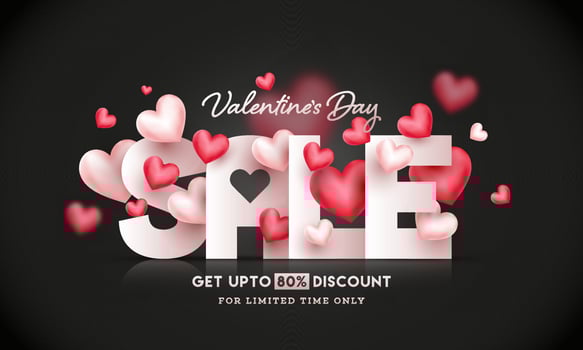Valentine's Day Sale Banner Design Decorated with 3D Glossy Hearts. vector