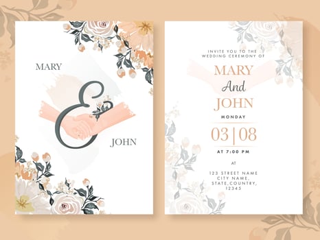 Floral Wedding Invitation Card Design with Couple Holding Hands and Event Details in Front and Back View. vector