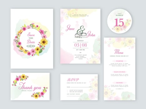 Wedding Invitation with Couple Rings, Save The Date, Menu Details, Table Number, Thank You and RSVP Card Decorated with Floral. vector