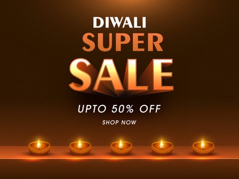 Diwali Super Sale Poster Design In Bronze Color With Lit Oil Lamps. vector
