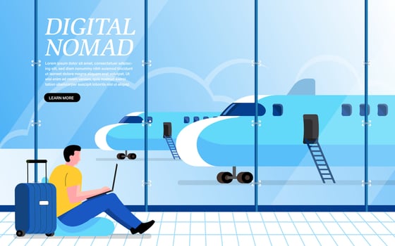 Digital nomad. Vector illustration.Freelance work, Cartoon vector illustration in flat design. Travel and work, remote job, freelancers lifestyle, working abroad with laptop.