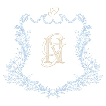 Floral Vintage Monogram Wedding Crest. Elegant NG initial wedding golden monogram with blue laurel wreath. vector