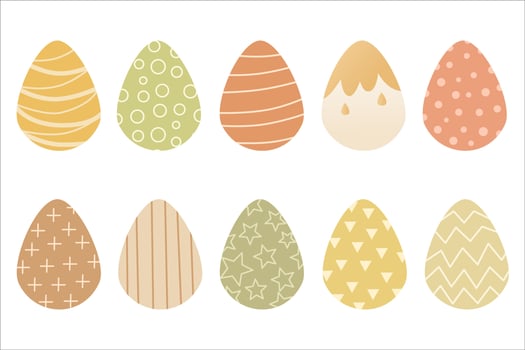 Set illustrations of easter eggs in children's illustration style. Suitable for easter celebrations, postcards, design, children's books. Colorful decorated easter eggs. Vector and isolated image.