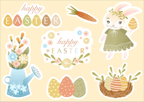 Easter sticker kit with cute bunny, spring flowers, colored eggs, congratulatory quotes. Vector illustration in children's style perfect for scrapbooking, card. Cute sticker set and design elements.