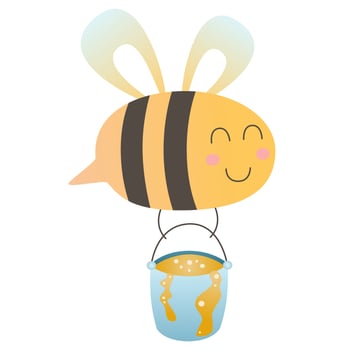 Illustration of a cute honey bee flying and holding a bucket of honey. Colorful children's illustration and cute character. Vector image on white background. Flat design cartoon cute bee mascot.