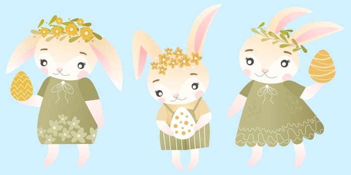 Easter bunnies characters set. Vector illustration of cute bunnies in different poses, green dresses and wreaths of spring flowers. Good for Spring and Easter greeting cards, product for children