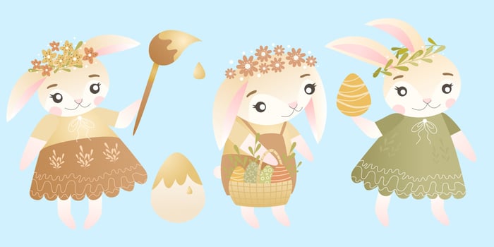 Easter set of phrases and quotes with cute bunnies in children's style. Suitable for scrapbooking, greeting card, party invitation, poster, tag, sticker set. Vector illustration isolated on white.