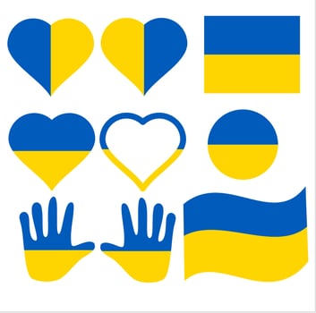 Ukrainian flag.Support Ukraine.Stop war.Blue and yellow.Peace and help concept.Square, heart, hand and circle shape.Donation and giving.Vector illustration.Sign, symbol, icon or logo isolated. vector