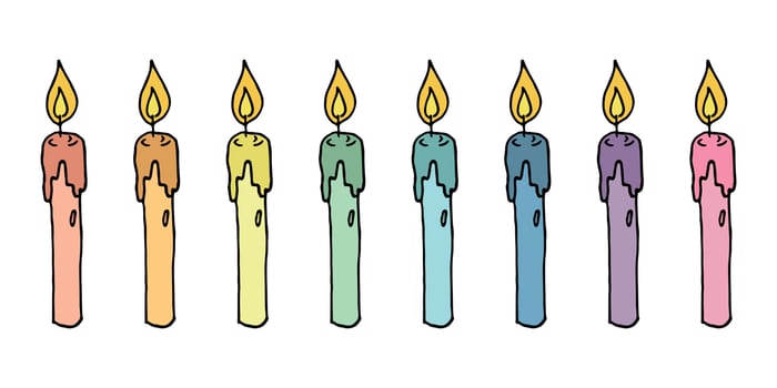 Burning birthday candle set. Doodle illustration. Hand drawn clipart for card, logo, design vector