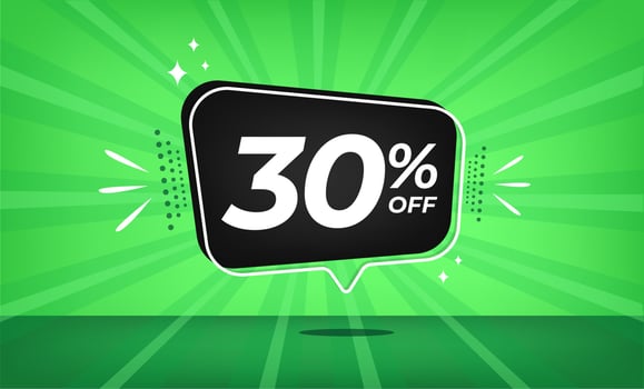 30 percent off. Green banner with thirty percent discount on a black balloon for mega big sales. vector