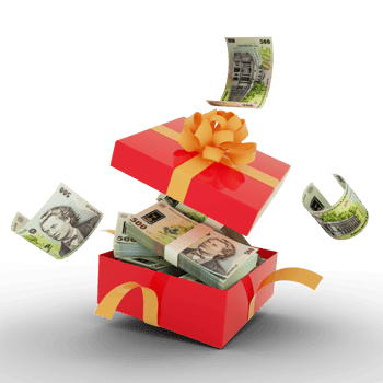 Romanian leu notes inside an open red gift box. Romanian leu inside and flying around a gift box. 3d rendering of money inside box isolated on transparent background png