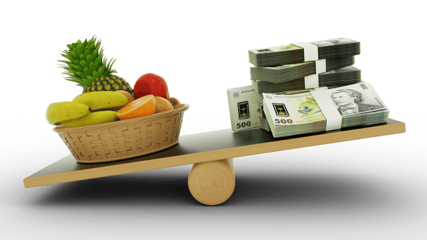 Inflation in Romanian, Weighing  Romanian currency against foodstuffs, high cost of living, 3d rendering png