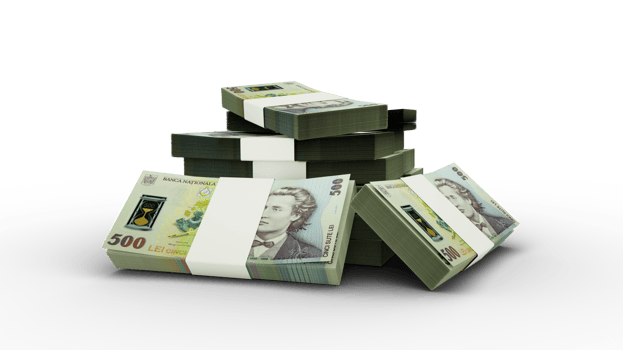 3d rendering of Stack of Romanian Leu notes. bundles of Romanian currency notes isolated on transparent background png